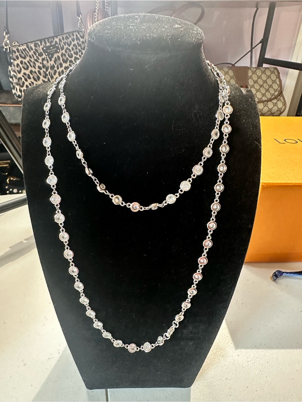 Silver-Tone Bezel Crystal Station Necklace - Elegant Layered Look